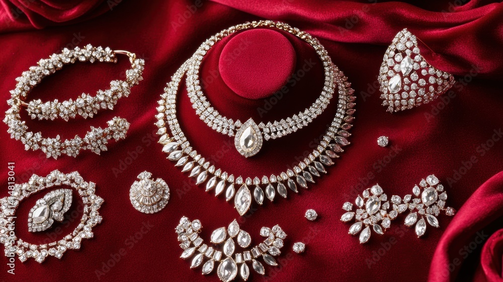 Glimmering designer jewelry set arranged diagonally on smooth red velvet with soft light Glimmering designer jewelry set arranged diagonally on smooth red velvet with soft light