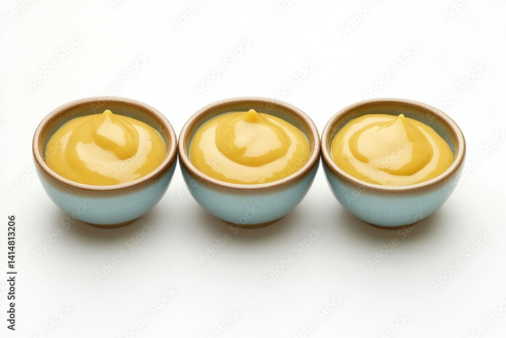 Three bowls of creamy mustard sauce on a white surface creating a culinary delight and a savory experience for food lovers and chefs Three bowls of creamy mustard sauce on a white surface creating a culinary delight and a savory experience for food lovers and chefs