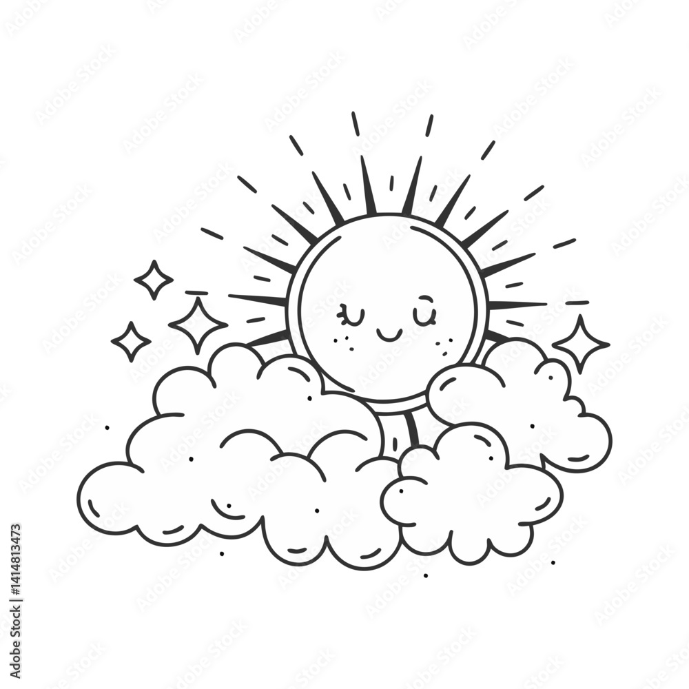 Cute sun and clouds vector with sparkles in black and white minimal line art style, featuring a smiling face
Cute sun and clouds vector with sparkles in black and white minimal line art style, featuring a smiling face