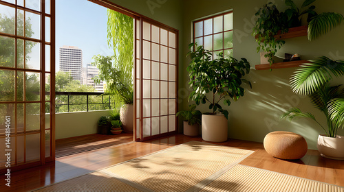 Obraz na płótnie Sunlit Room with Balcony and Potted Plants Pixel Art w salonie