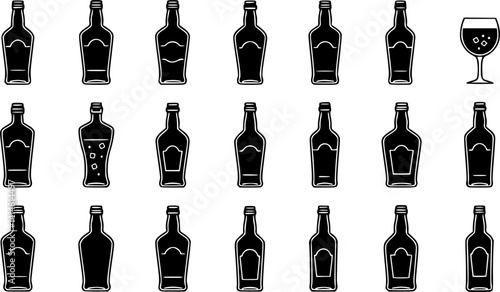 Glass Bottle Types. Alcohol Beverage Bar Drink Concept. Editable Stroke. Minimal Color Flat Line Outline Stroke Icon Set.