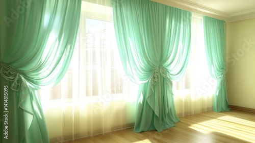 Jade green curtains providing fresh color in a sparsely furnished minimalist interior