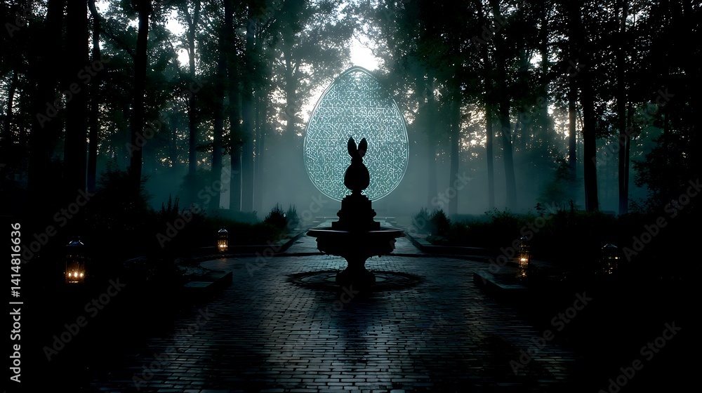 Eerie Enchanted Forest Garden with Easter Bunny Statue and Glowing Egg Art at Night Fantasy Scene Eerie Enchanted Forest Garden with Easter Bunny Statue and Glowing Egg Art at Night Fantasy Scene