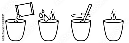 Step by step instructions for making a hot drink in a cup in black and white icons