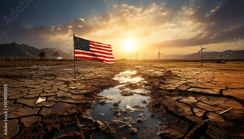 cracked landscape with U.S. flag standing tall against sunset backdrop, symbolizing resilience. Wind turbines dot horizon, highlighting contrast between nature and human innovation