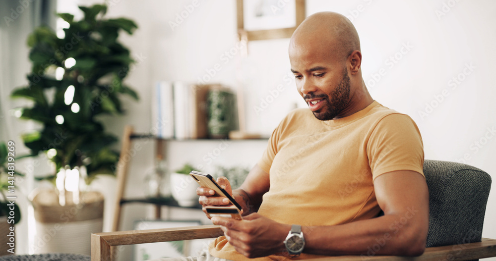 Home, black man and phone with credit card for ecommerce, password information and payment. Sofa, male person and mobile with debit for online shopping, transaction and subscription for application