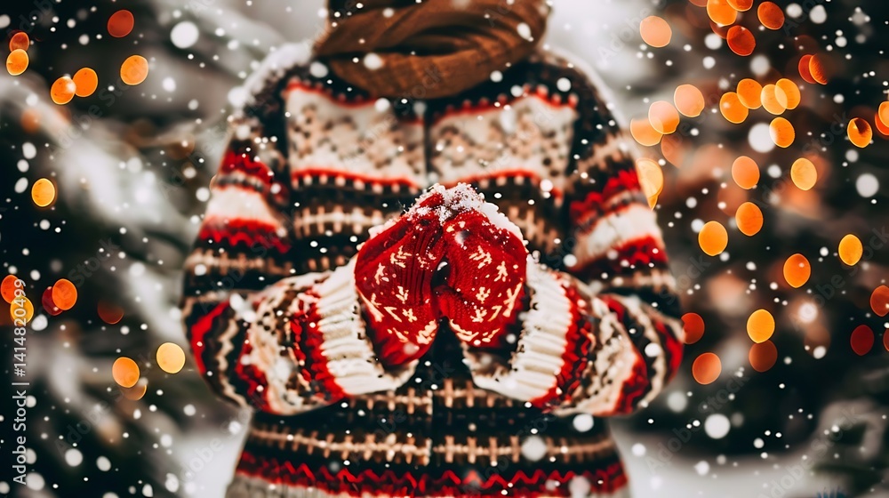 Cozy winter warmth: Hands in festive mittens amidst softly falling snow Cozy winter warmth: Hands in festive mittens amidst softly falling snow
