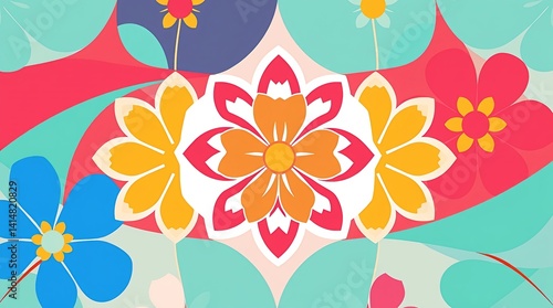 Vibrant Geometric Floral Mosaic - A lively grid of stylized flower motifs arranged in symmetrical geometric panels, featuring bold, saturated hues balanced by soft pastel highlights.