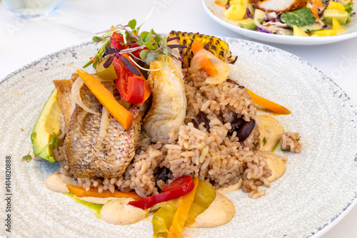 Grilled Red Snapper Served with Rice and Beans, Grilled Corn, Pickled Vegetables, Hummus, Avocado and Topped with Green Sprouts