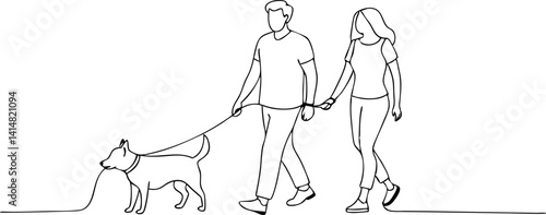 Minimalist Line Art Couple Walking Dog. Man and Woman Holding Hands On Dog Walk