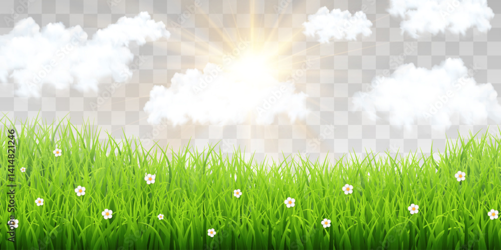 Obraz premium Vector sun cloudy sky with green grass. Spring grass and cloud texture, lawn, nature sky. Vector weather element on png background. Glow light effect with cloud. Isolated on transparent background.