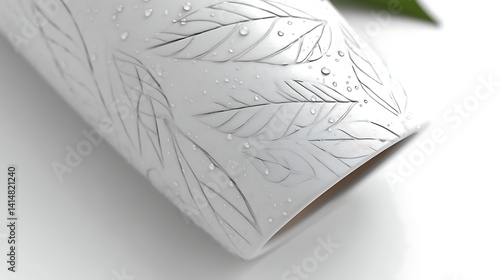 Elegant White Cylindrical Surface with Leaf Engraving and Water Droplets Minimalist Presentation.
