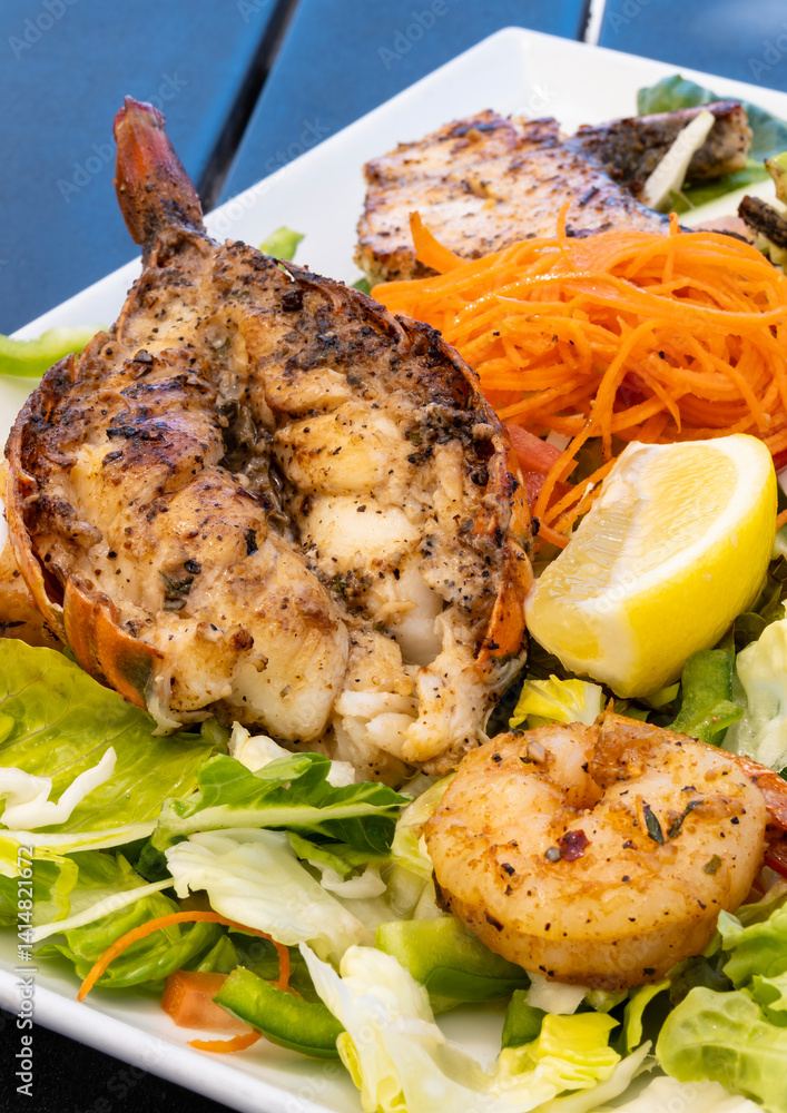 Seafood Platter with Grilled Lobster, Shrimp an Fish on a Bed of Salad Served with Lemon Dressing and a Wedge of Lemon