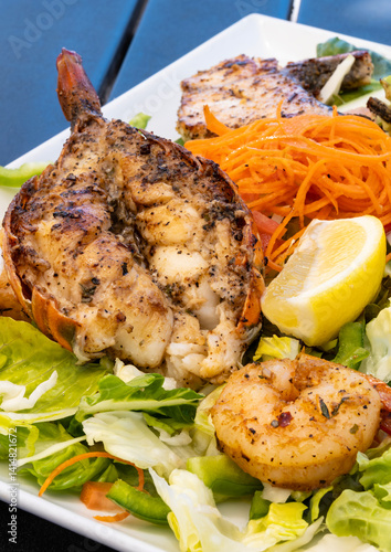 Obraz na płótnie Seafood Platter with Grilled Lobster, Shrimp an Fish on a Bed of Salad Served with Lemon Dressing and a Wedge of Lemon w salonie