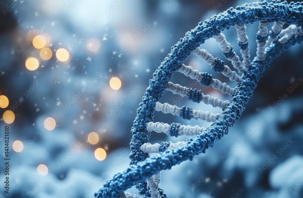 A blue DNA strand with a lot of small dots A blue DNA strand with a lot of small dots