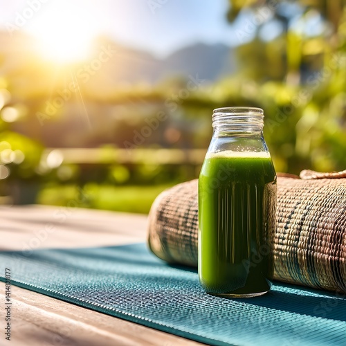 Healthy detox green juice on a yoga mat with summer light and blurred nature background, wellness concept