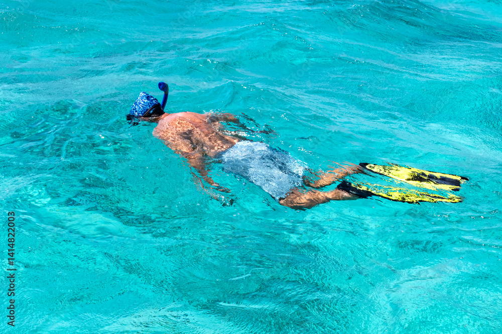 Stingray City, Grand Cayman Island - April 4, 2025: Man Snorkeling with Flippers and Mask in the Beautiful Crystal Clear Water of the Caribbean Sea