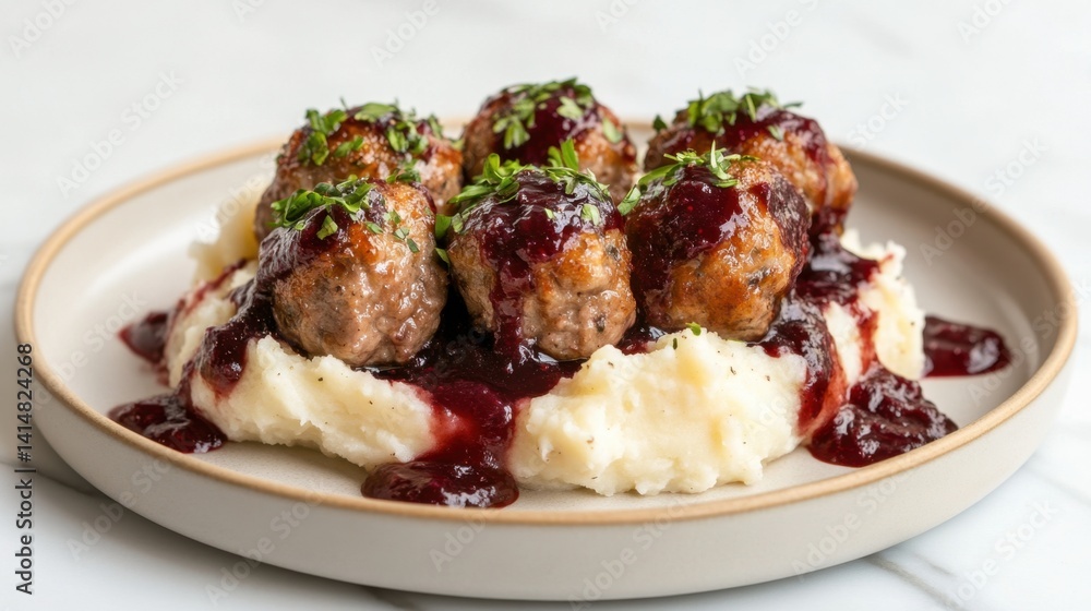 Swedish meatballs with mashed potatoes and lingonberry sauce styled on a clean plate Swedish meatballs with mashed potatoes and lingonberry sauce styled on a clean plate