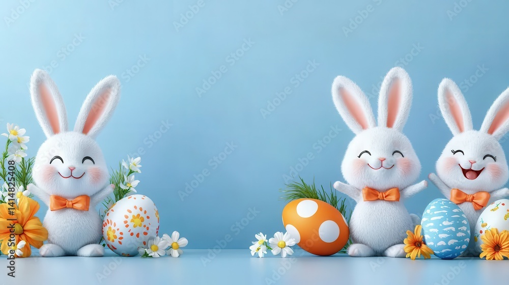 Obraz premium Three cheerful cartoon bunnies celebrate Easter with colorful eggs and flowers.
