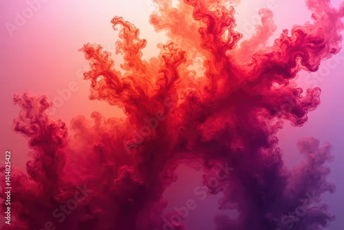 Mesmerizing Ink Swirls: Close-Up Experimental Photography of Magenta & Pale Orange in Water