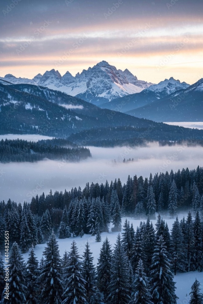 mountains covered in snow and fog with a few trees in the foreground mountains covered in snow and fog with a few trees in the foreground
