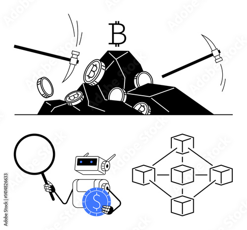 Pickaxes extracting coins from rocks, robot with magnifying glass analyzing coin, blockchain cubes. Ideal for cryptocurrency, blockchain, AI, fintech, digital economy data security innovation. Flat