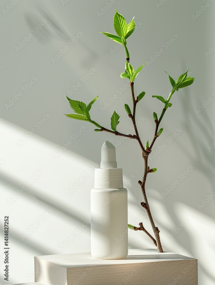 White bottle, fresh buds, soft light White bottle, fresh buds, soft light