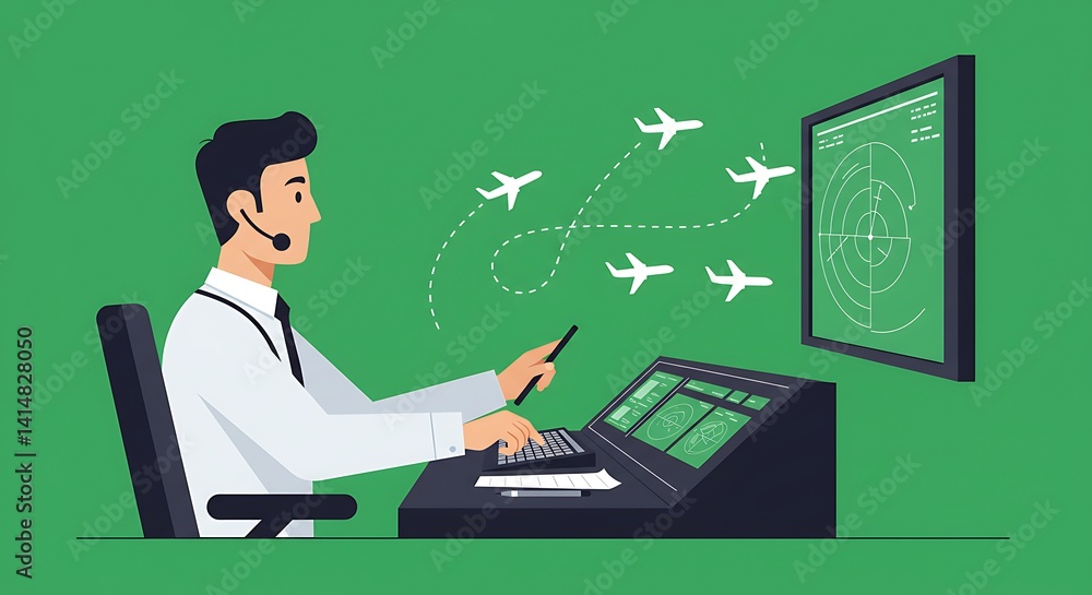 Air traffic controller managing aircraft flight routes using radar technology Air traffic controller managing aircraft flight routes using radar technology