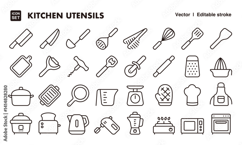 Kitchen utensils line icon set. Vector editable stroke icon. Kitchen utensils line icon set. Vector editable stroke icon.