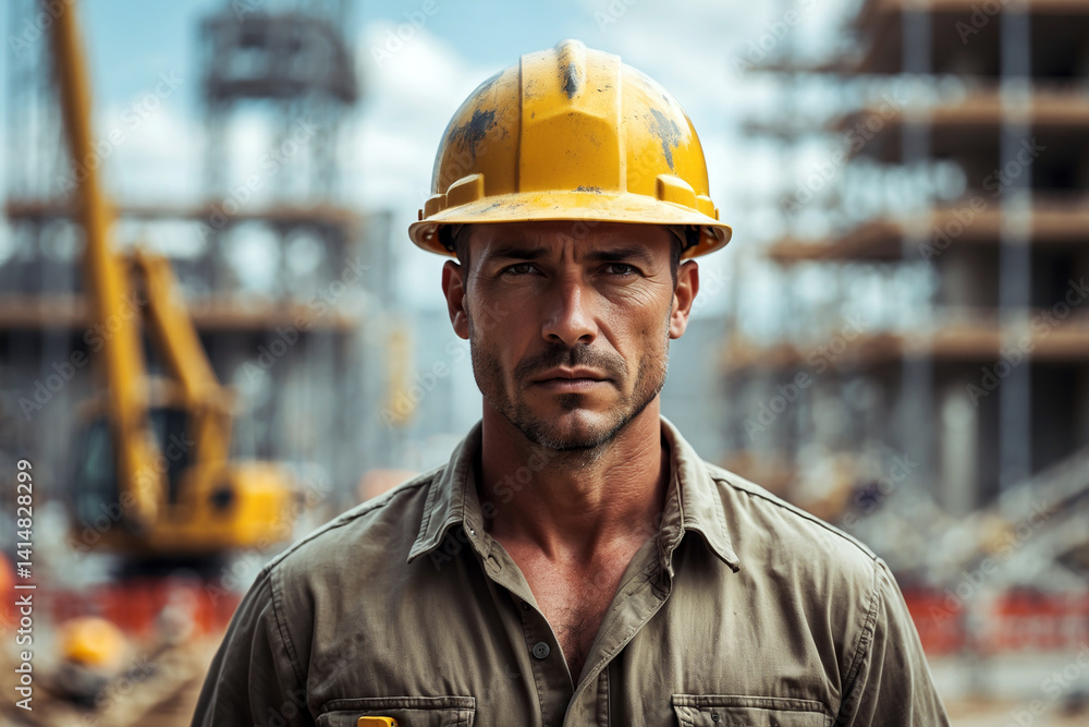 Portrait of construction worker with helmet in blurry site background, neutral serious face Portrait of construction worker with helmet in blurry site background, neutral serious face