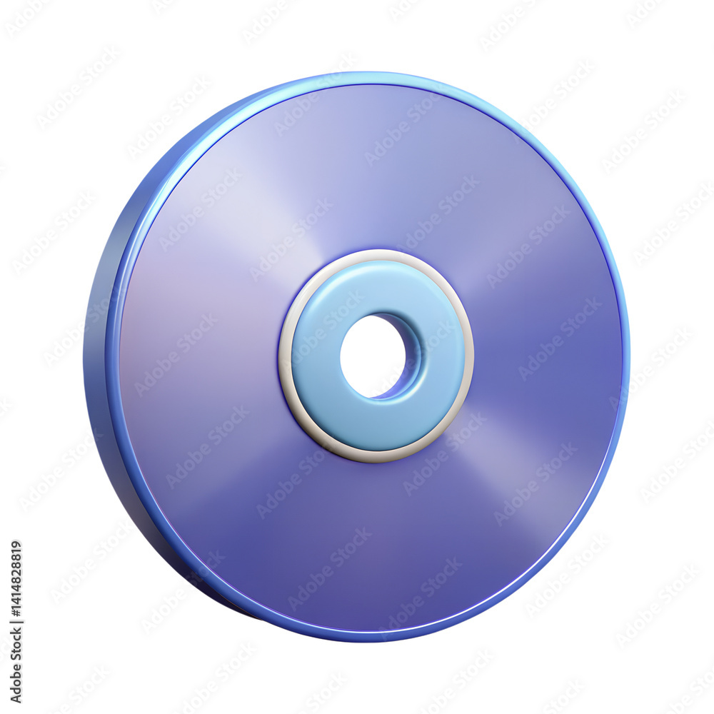 A digitally rendered image of a shiny, reflective CD or DVD disc in purple and blue.3D Cartoon plastic style A digitally rendered image of a shiny, reflective CD or DVD disc in purple and blue.3D Cartoon plastic style