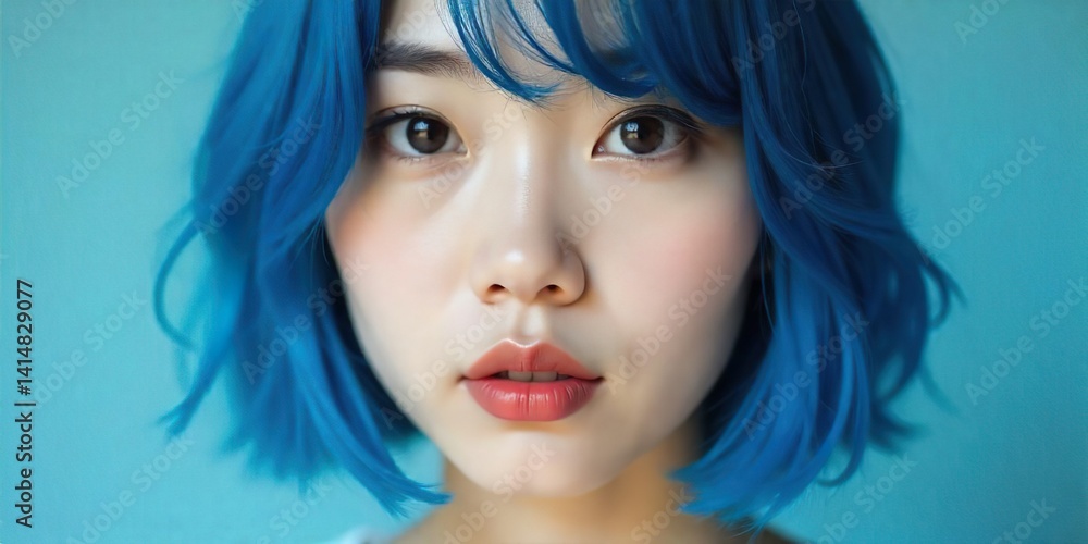 A close-up portrait of a korean woman blue hair,a soft lighting, a light-toned complexion, bob hair style,and bright pinkish-peach blush on the cheeks. bright, almost electric blue. bule studio