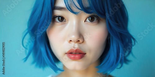 Obraz na płótnie A close-up portrait of a korean woman blue hair,a soft lighting, a light-toned complexion, bob hair style,and bright pinkish-peach blush on the cheeks. bright, almost electric blue. bule studio
w salonie