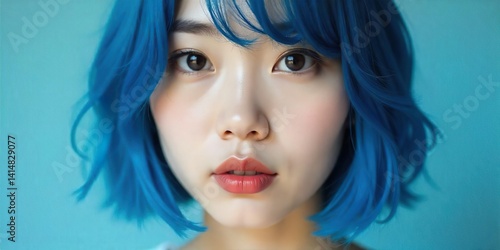 Obraz na płótnie A close-up portrait of a korean woman blue hair,a soft lighting, a light-toned complexion, bob hair style,and bright pinkish-peach blush on the cheeks. bright, almost electric blue. bule studio
w salonie