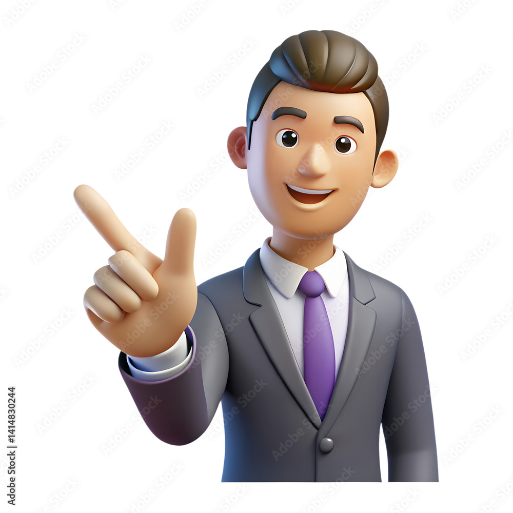 3D rendered cartoon businessman pointing his finger to the right side, with a welcoming smile. The businessman wears a grey suit with a purple tie. He is looking directly at the camera. 3D rendered cartoon businessman pointing his finger to the right side, with a welcoming smile. The businessman wears a grey suit with a purple tie. He is looking directly at the camera.