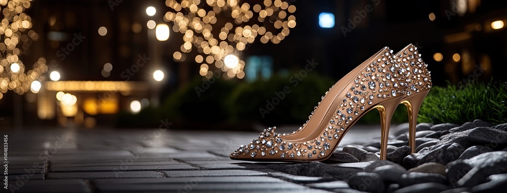 High heels adorned with sparkling diamonds rest on smooth stones, creating a striking contrast against earthy textures and greenery
