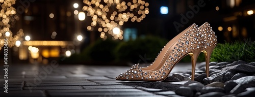 Obraz na płótnie High heels adorned with sparkling diamonds rest on smooth stones, creating a striking contrast against earthy textures and greenery w salonie