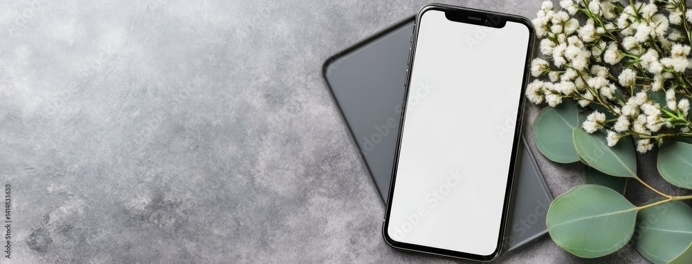 Smartphone with a blank screen sits on a grey background, elegantly framed by eucalyptus leaves, showcasing a serene and modern aesthetic