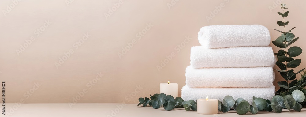 Stack of white towels on an elegant wooden tray with candles and eucalyptus leaves creates a serene and cozy atmosphere