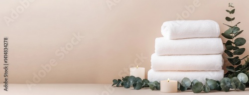 Obraz na płótnie Stack of white towels on an elegant wooden tray with candles and eucalyptus leaves creates a serene and cozy atmosphere w salonie