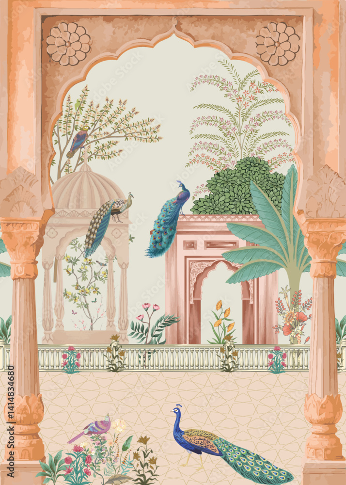 custom made wallpaper toronto digitalMughal garden, arch, peacock, bird, plant vector illustration for wedding wallpaper