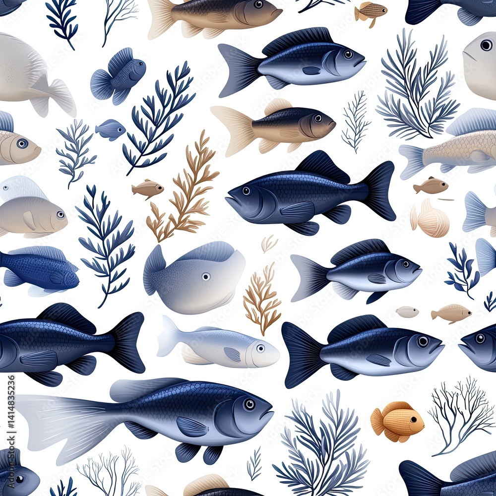 Blue fish swim among sea plants in a seamless pattern, perfect for children's illustrations, showcasing a flat and minimalistic design