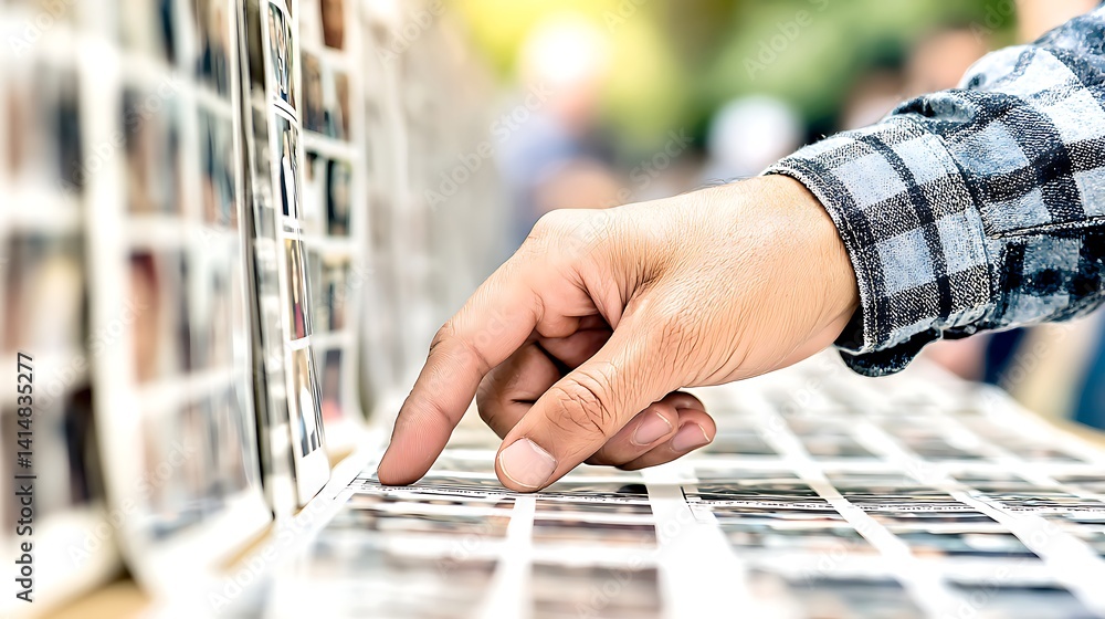 Hand Inspecting Vintage Photo Negatives Film Sheets Memory Photography Images Visual Archive Analysis.