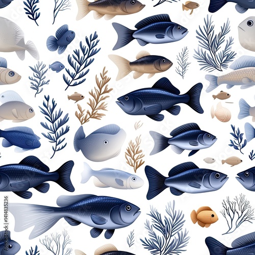 Obraz na płótnie Blue fish swim among sea plants in a seamless pattern, perfect for children's illustrations, showcasing a flat and minimalistic design w salonie