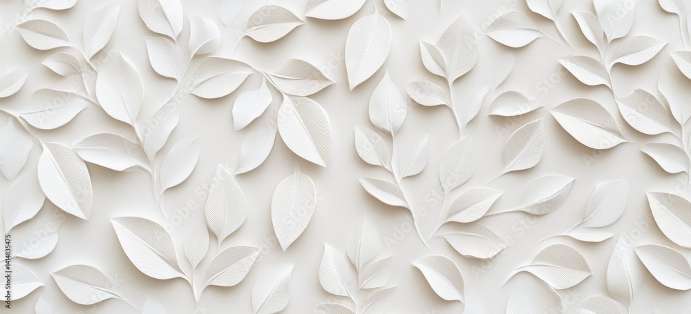 Delicate white leaves and branches create a textured floral pattern Delicate white leaves and branches create a textured floral pattern