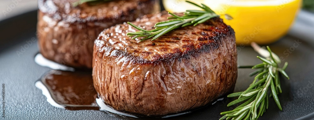 A medium-rare filet mignon rests on an elegant plate, drizzled with truffle sauce and garnished with fresh rosemary for a refined touch