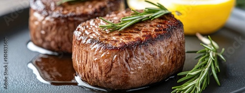 Obraz na płótnie A medium-rare filet mignon rests on an elegant plate, drizzled with truffle sauce and garnished with fresh rosemary for a refined touch w salonie