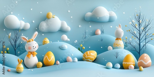 Whimsical pastel landscape with playful bunny and decorated Easter eggs.