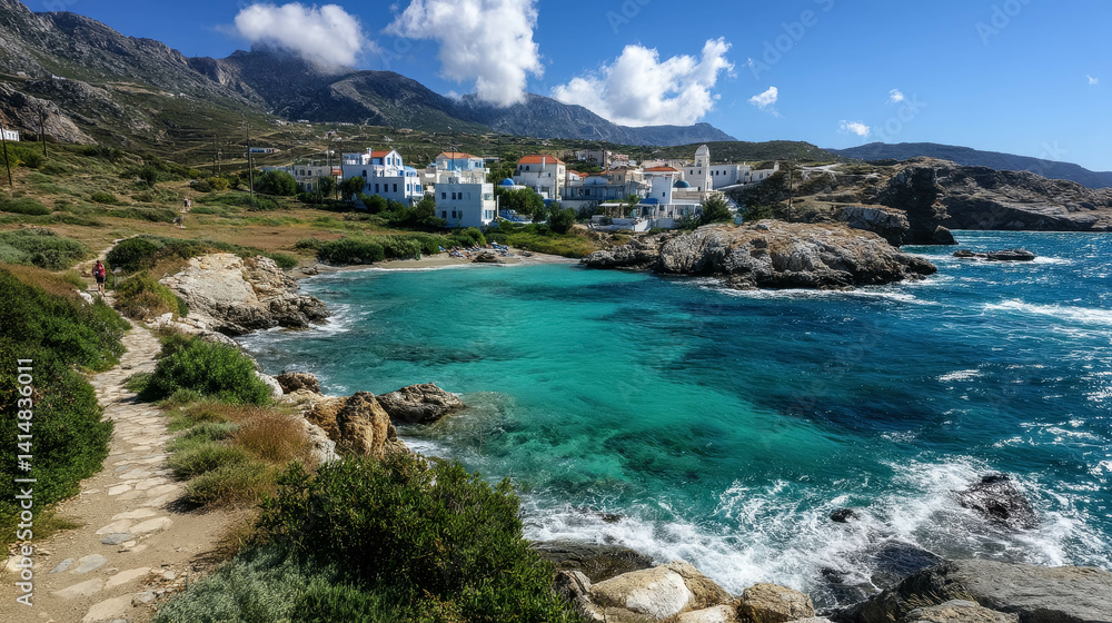 Fototapeta premium Scenic Coastal Path Leads to Quaint Village by the Turquoise Waters of a Greek Island