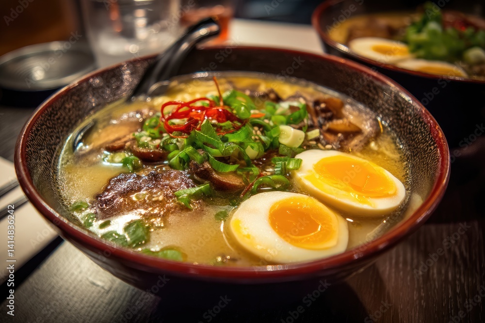 A steaming bowl of tonkotsu ramen with creamy pork broth and soft boiled egg A steaming bowl of tonkotsu ramen with creamy pork broth and soft boiled egg